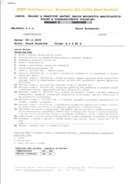 Školení řidičů vysokozdvižných vozíků a hydraulických plošin
