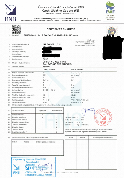 Svářečské certifikáty s oprávněním E111 / E135 / E141
